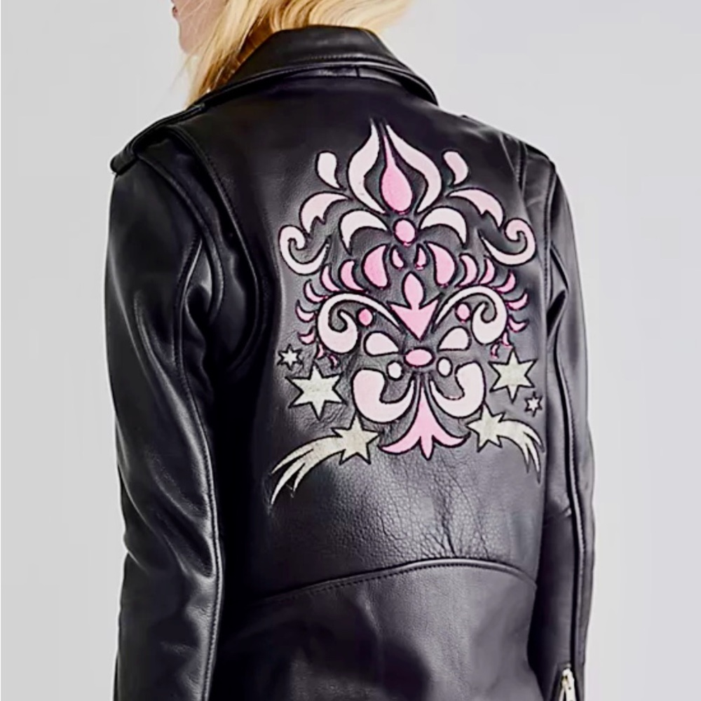 Understated Leather Elegant Black Leather Jacket with Pink and Gray Embroidery